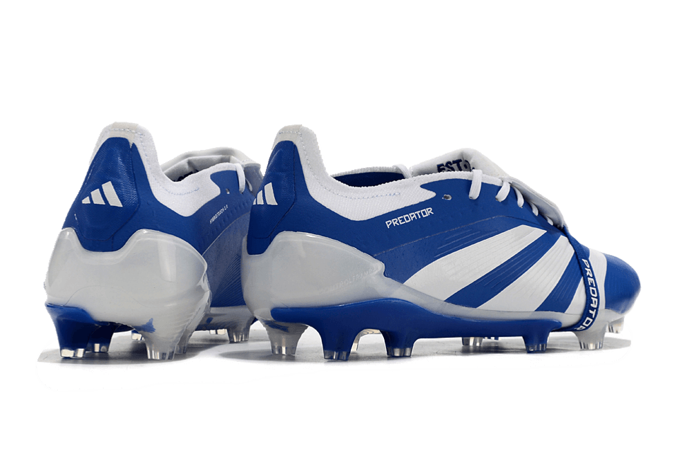 Chuteira Adidas Predator Elite Tongue FG - Azul e Branca, vista traseira com detalhes em azul e branco.