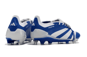 Chuteira Adidas Predator Elite Tongue FG - Azul e Branca, vista traseira com detalhes em azul e branco.