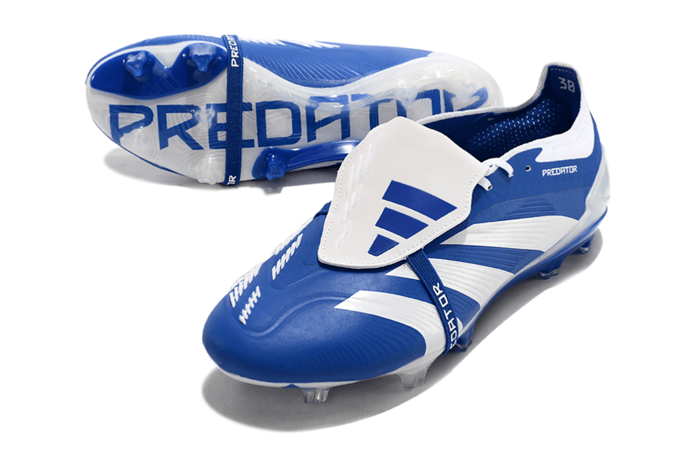 Chuteira Adidas Predator Elite Tongue FG - Azul e Branca com design sofisticado e língua tradicional.