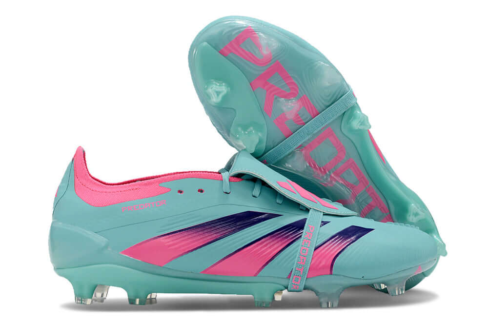 Chuteira Adidas Predator Elite Tongue FG - Azul e Rosa com design vibrante e moderno.