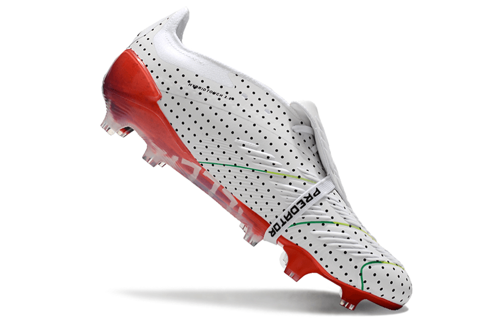 Chuteira Adidas Predator Elite Tongue FG - Branca, Azul e Cinza em ângulo, destacando design e tecnologia para performance.