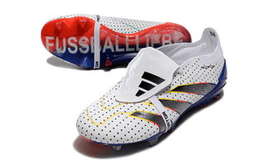 Chuteira Adidas Predator Elite Tongue FG - Branca, Azul e Cinza com design tricolor e tecnologia avançada.