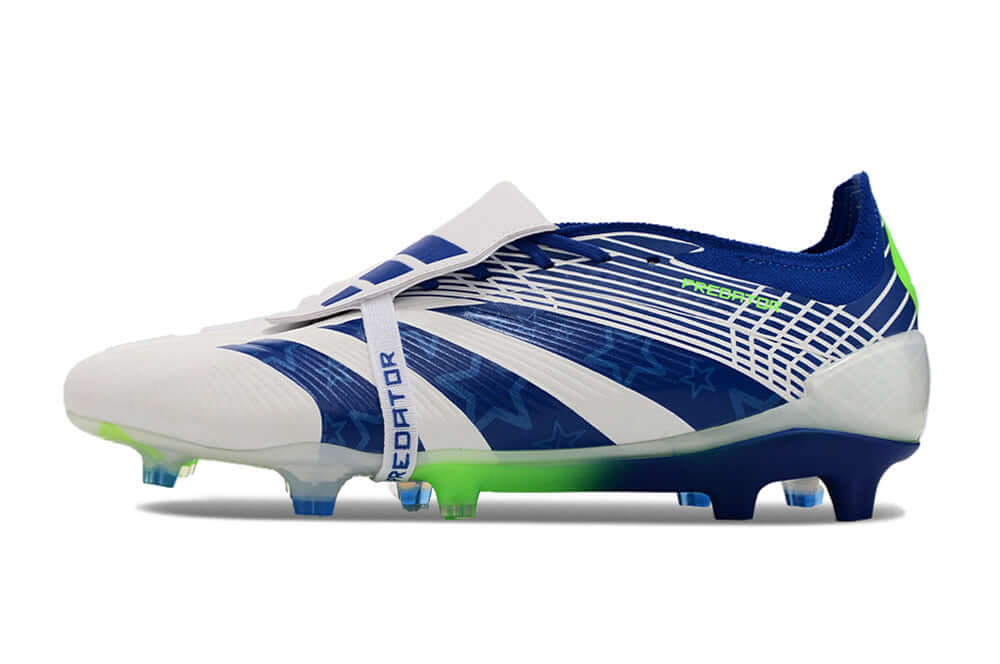 Chuteira Adidas Predator Elite Tongue FG - Branca e Azul com design sofisticado e tecnologia de ponta.