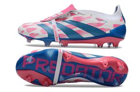 Chuteira Adidas Predator Elite Tongue FG - Branca, Azul e Rosa com design vibrante e tecnologia avançada para desempenho em campo.