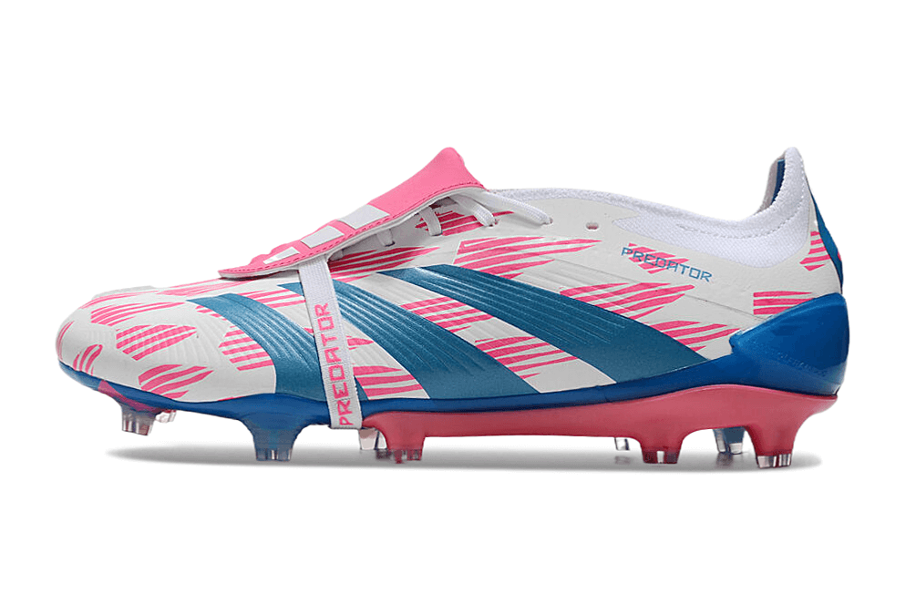 Chuteira Adidas Predator Elite Tongue FG - Branca, Azul e Rosa de perfil com detalhes vibrantes.