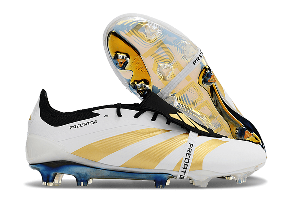 Chuteira Adidas Predator Elite Tongue FG - Branca e Dourada com design sofisticado e tecnologia de ponta.