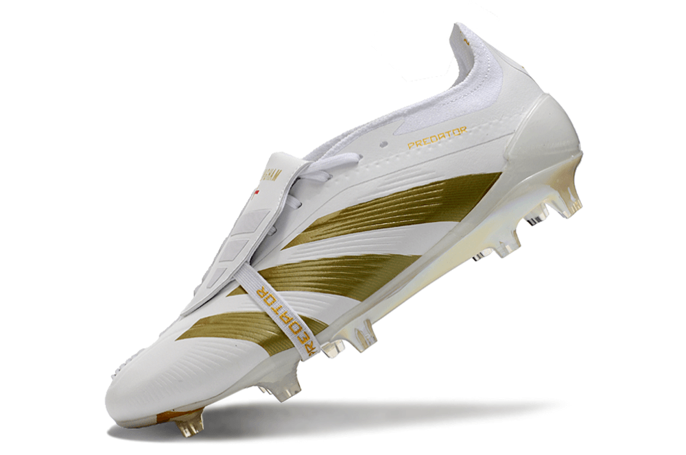 Chuteira Adidas Predator Elite Tongue FG - Branca e Dourada lateral com detalhes em dourado