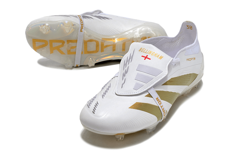 Chuteira Adidas Predator Elite Tongue FG - Branca e Dourada com detalhes dourados e design elegante.