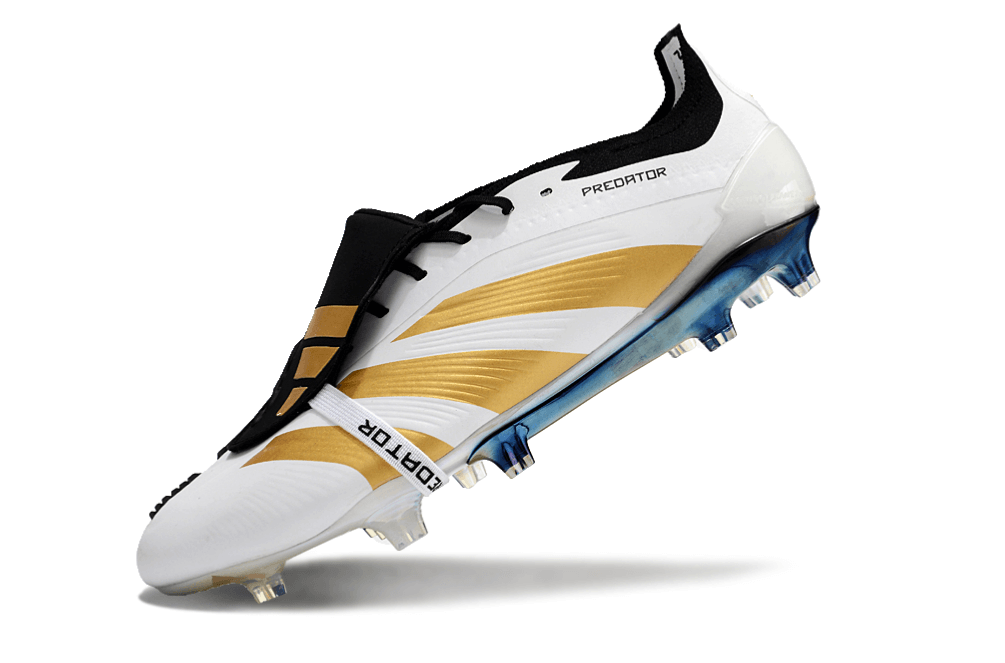 Chuteira Adidas Predator Elite Tongue FG - Branca e Dourada com design sofisticado e tecnologia de ponta.