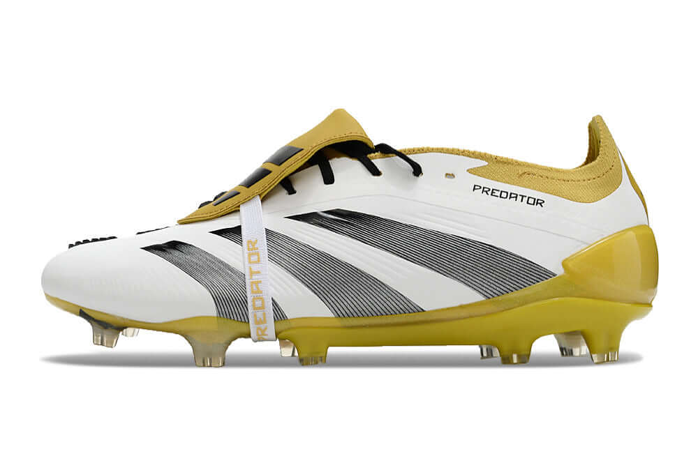 Chuteira Adidas Predator Elite Tongue FG - Branca, Dourada e Preta lateral com design premium e tecnologia de ponta.