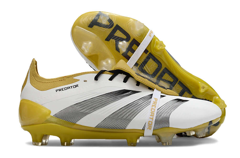Chuteira Adidas Predator Elite Tongue FG - Branca, Dourada e Preta com design premium e tecnologia avançada.