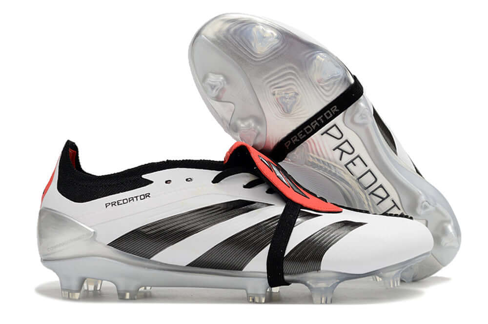 Chuteira Adidas Predator Elite Tongue FG - Branca e Preta com design clássico e tecnologia de ponta.