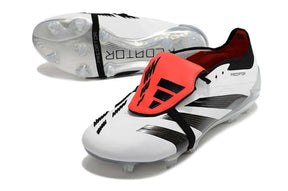 Chuteira Adidas Predator Elite Tongue FG - Branca e Preta com design clássico e tecnologia avançada para desempenho em campo.