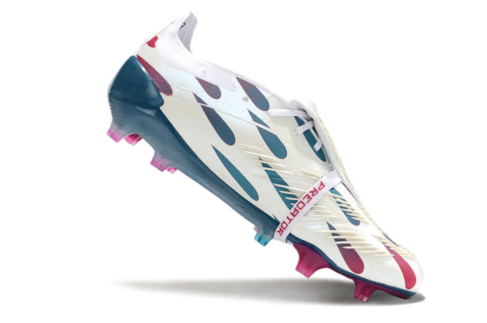 Chuteira Adidas Predator Elite Tongue FG - Branca, Rosa e Azul lateral com design vibrante e detalhes tecnológicos.