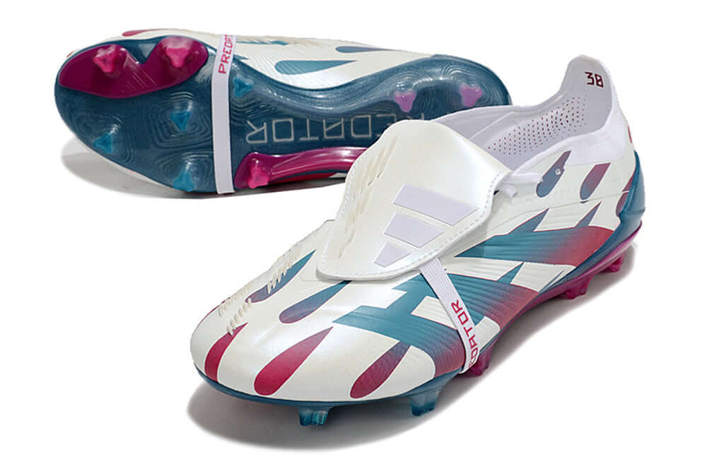 Chuteira Adidas Predator Elite Tongue FG - Branca, Rosa e Azul com design vibrante e tecnologia de ponta.