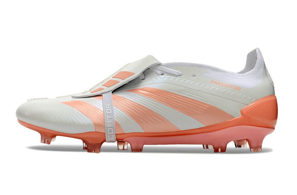 Chuteira Adidas Predator Elite Tongue FG - Branca e Salmão com design moderno e sofisticado.