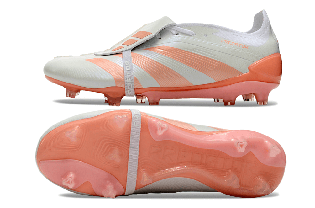 Chuteira Adidas Predator Elite Tongue FG - Branca e Salmão vista lateral e inferior.