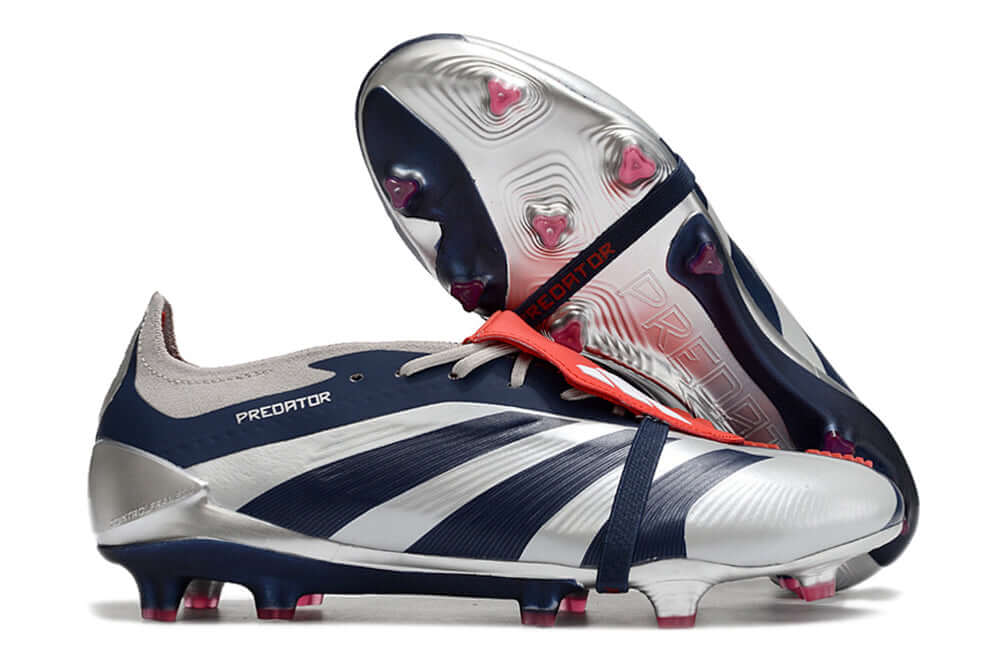 Chuteira Adidas Predator Elite Tongue FG - Cinza e Azul com design sofisticado para desempenho em campo.