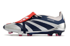 Chuteira Adidas Predator Elite Tongue FG - Cinza e Azul lateral com design sofisticado e tecnologia avançada.
