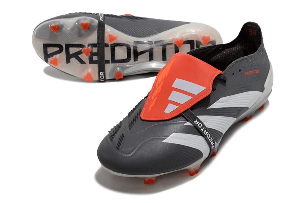 Chuteira Adidas Predator Elite Tongue FG - Cinza e Branca com design moderno e tecnologia avançada.