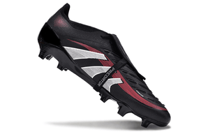 Chuteira Adidas 25 Predator Elite Tongue FG em preto e vermelho, ideal para desempenho em campo.