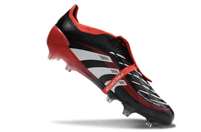 Chuteira Adidas 25 Predator Elite Tongue FG em destaque, com design preto e vermelho, ideal para desempenho em campo.