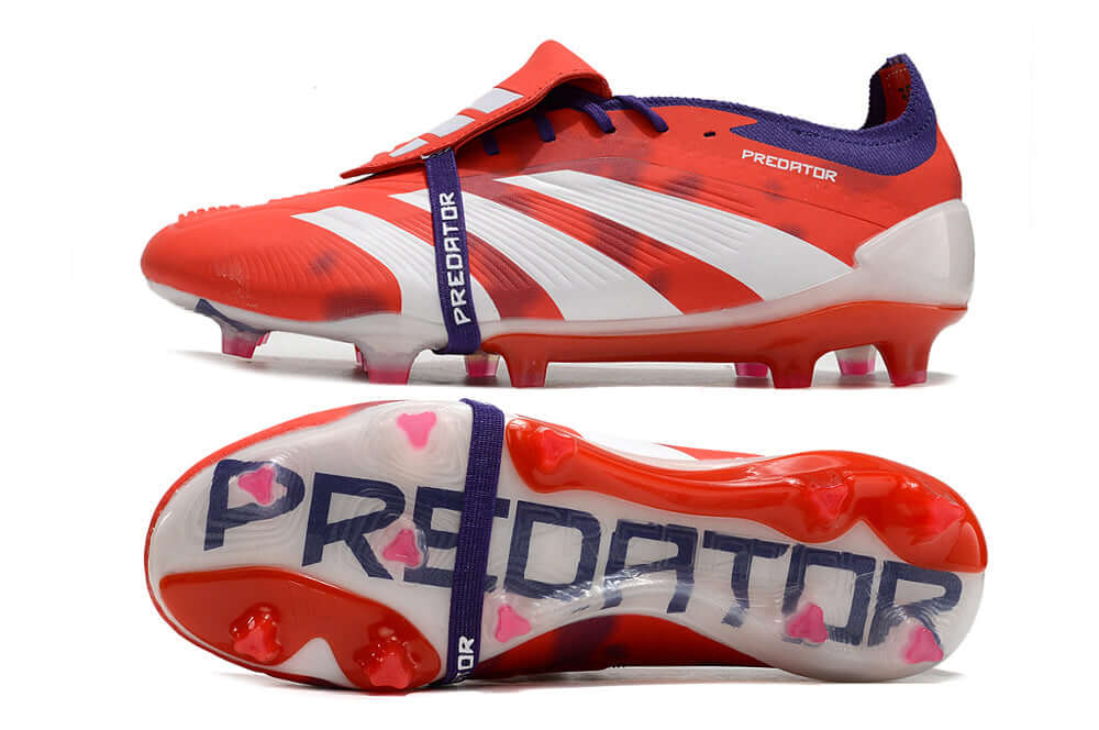 Chuteira Adidas Predator Elite Tongue FG - Laranja e Branca com design vibrante e tecnologia de ponta.