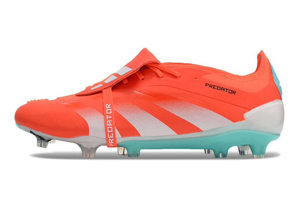 Chuteira Adidas Predator Elite Tongue FG - Laranja e Ciano, design moderno e vibrante para alto desempenho em campo.