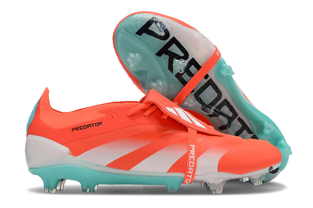 Chuteira Adidas Predator Elite Tongue FG - Laranja e Ciano, design vibrante e tecnologia de ponta para desempenho em campo.