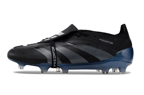 Chuteira Adidas Predator Elite Tongue FG - Preta e Azul lado direito, destacando design e tecnologia de futebol.