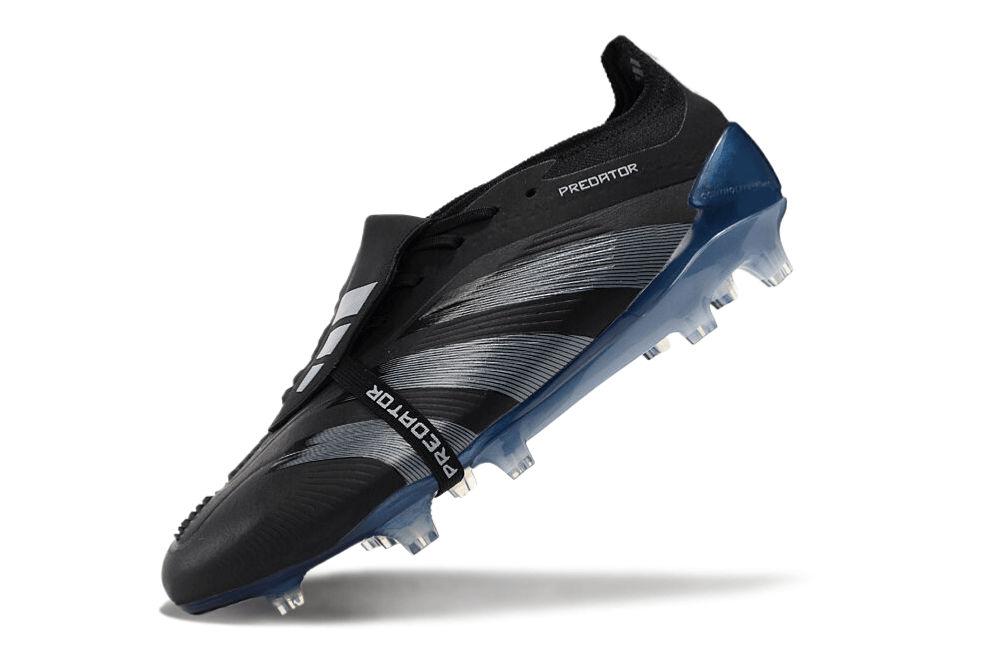 Chuteira Adidas Predator Elite Tongue FG - Preta e Azul, ideal para controle e precisão em campo.