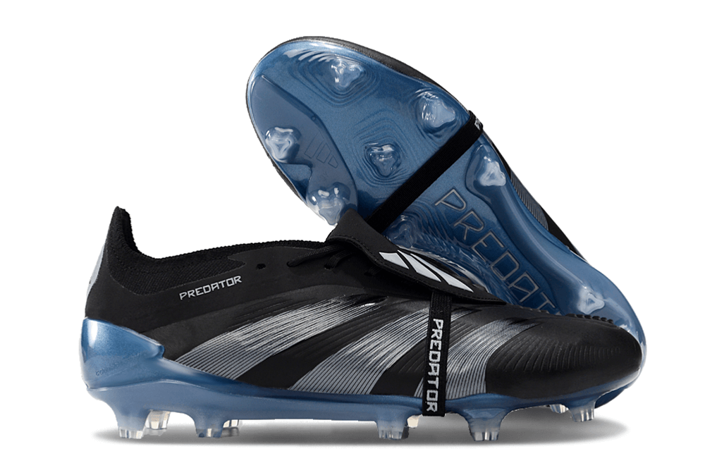 Chuteira Adidas Predator Elite Tongue FG - Preta e Azul com design icônico e tecnologia avançada.