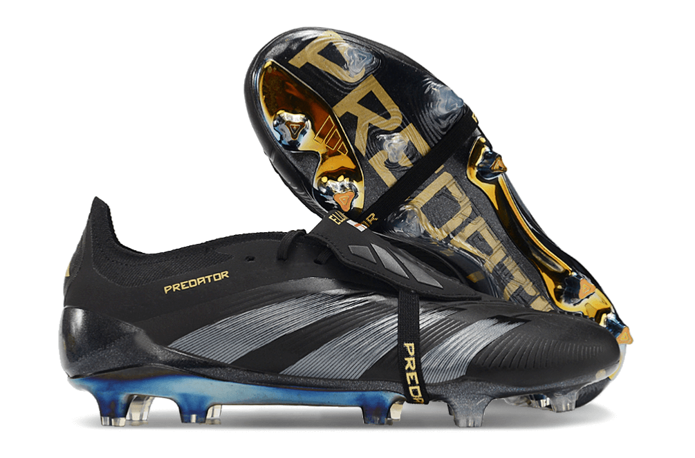 Chuteira Adidas Predator Elite Tongue FG - Preta e Azul em ângulo com detalhes em preto e azul.