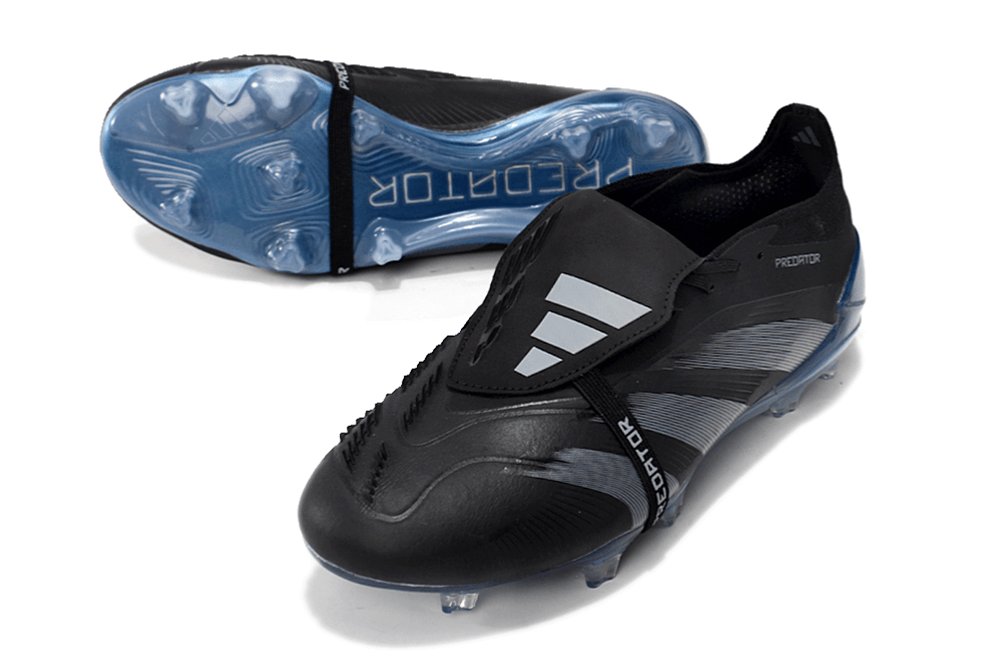 Chuteira Adidas Predator Elite Tongue FG - Preta e Azul com design icônico e tecnologia avançada.