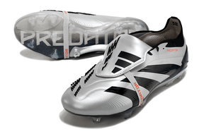 Chuteira Adidas Predator Elite Tongue FG - Preta e Branca com design clássico e tecnologia avançada para controle no futebol.