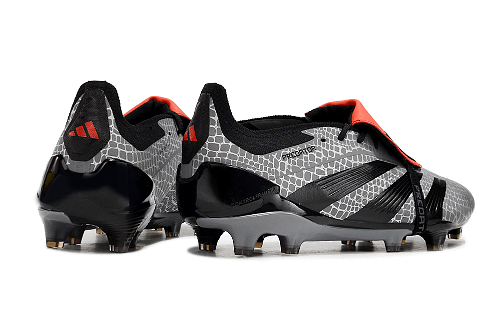 Chuteira Adidas Predator Elite Tongue FG - Preta e Cinza com detalhes em vermelho e design sofisticado