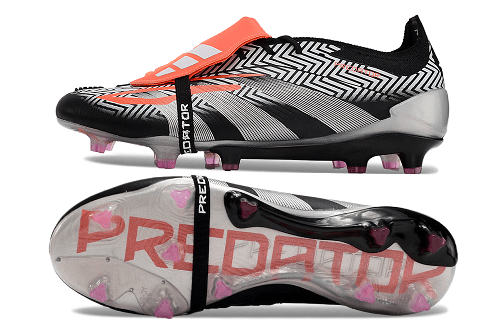 Chuteira Adidas Predator Elite Tongue FG - Preta e Cinza mostrando design sofisticado e tecnologia de ponta.