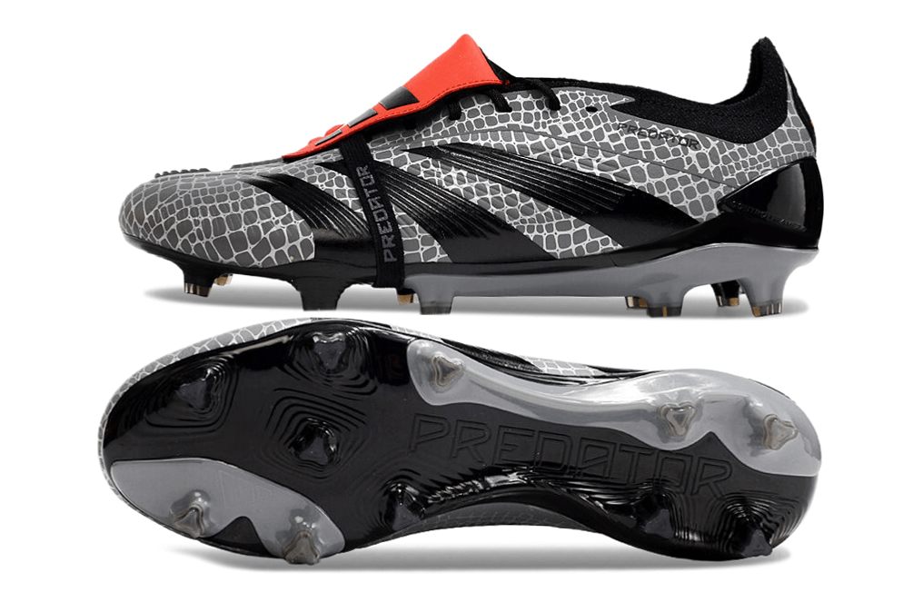Chuteira Adidas Predator Elite Tongue FG - Preta e Cinza, destacando design sofisticado e tecnologia de ponta para futebol.