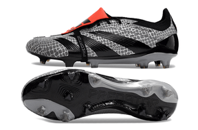 Chuteira Adidas Predator Elite Tongue FG - Preta e Cinza, destacando design sofisticado e tecnologia de ponta para futebol.