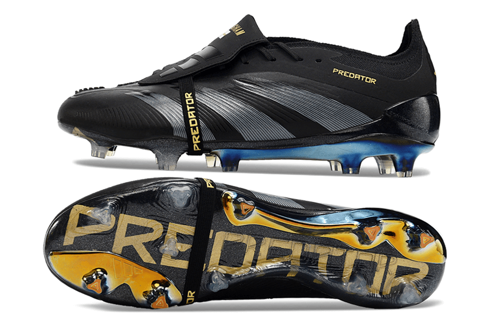 Chuteira Adidas Predator Elite Tongue FG - Preta e Azul, design icônico e tecnologia de ponta para controle em campo.