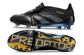 Chuteira Adidas Predator Elite Tongue FG - Preta e Azul, design icônico e tecnologia de ponta para controle em campo.