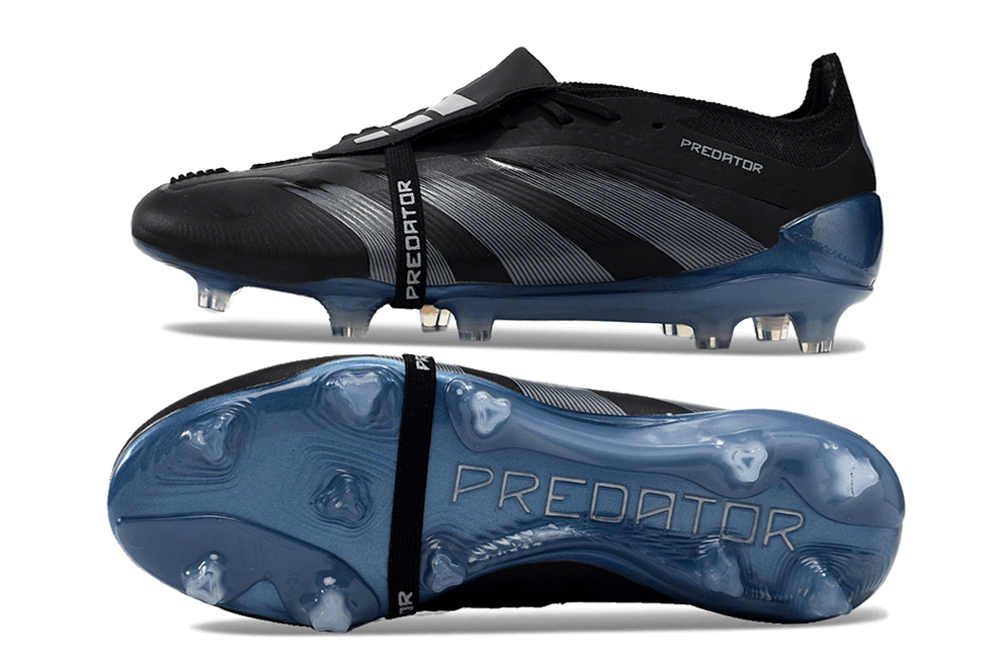 Chuteira Adidas Predator Elite Tongue FG - Preta e Azul, superfície de contato ampliada para precisão e controle.