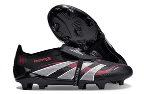 Chuteira Adidas 25 Predator Elite Tongue FG em preto e vermelho, ideal para controle em campo.