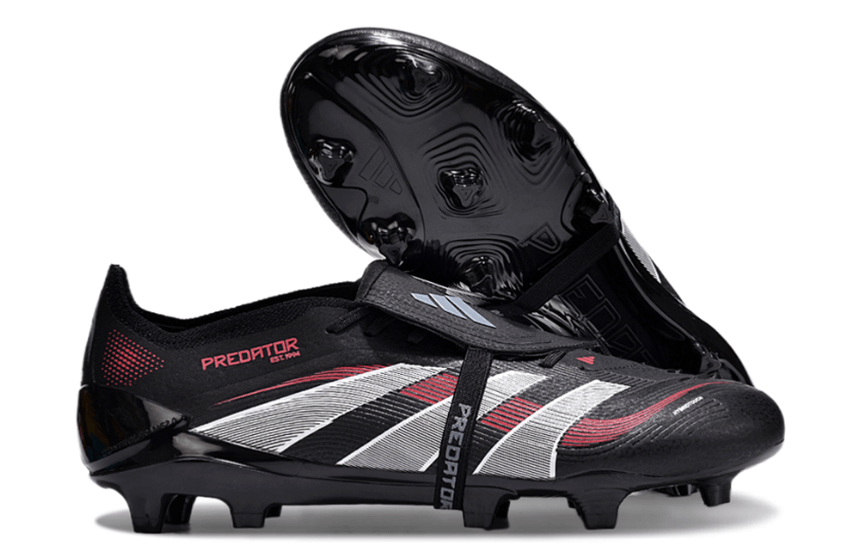 Chuteira Adidas 25 Predator Elite Tongue FG em preto e vermelho, ideal para controle em campo.