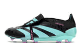Chuteira Adidas Predator Elite Tongue FG - Preta e Ciano, visual moderno para jogadores de futebol.