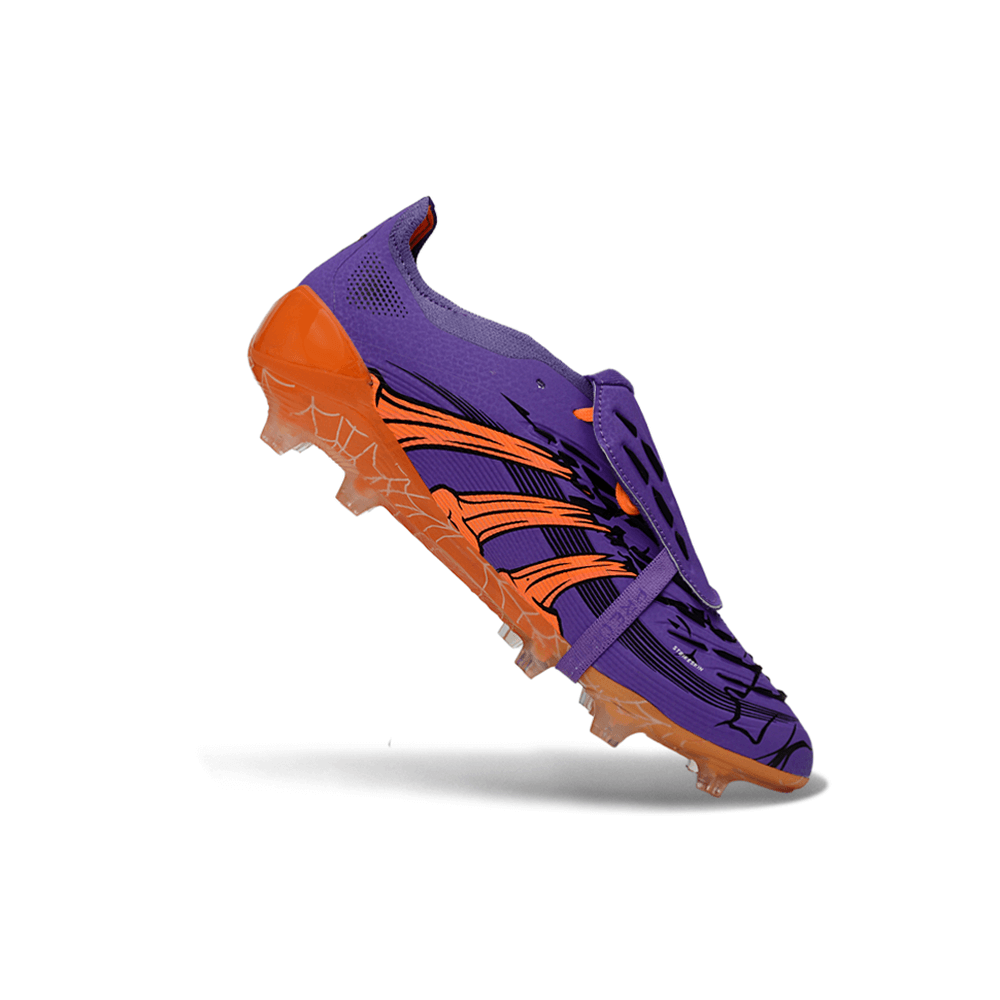 Chuteira Adidas Predator FT 30 Elite FG Tongue "Raphinha" em destaque, design laranja e roxo moderno.