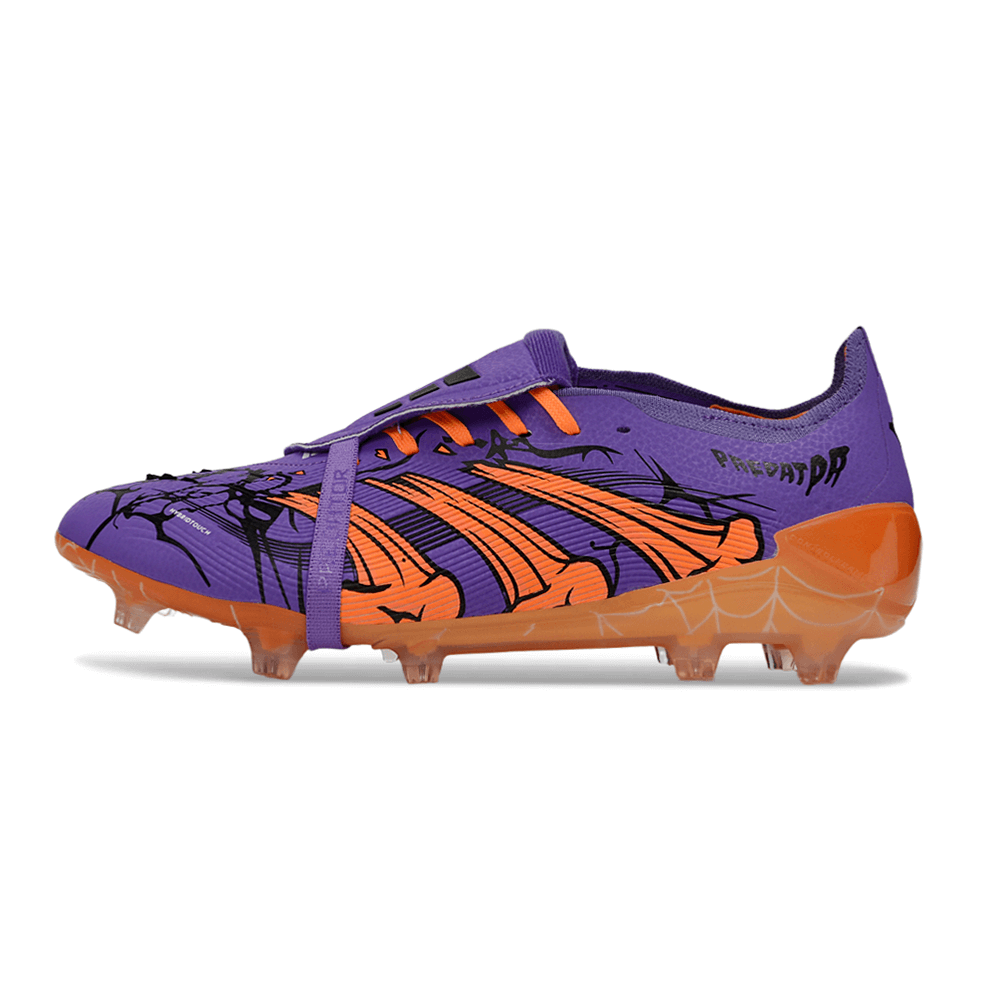 Chuteira Adidas Predator FT 30 Elite FG Tongue "Raphinha" em roxo e laranja, design inovador para futebol.