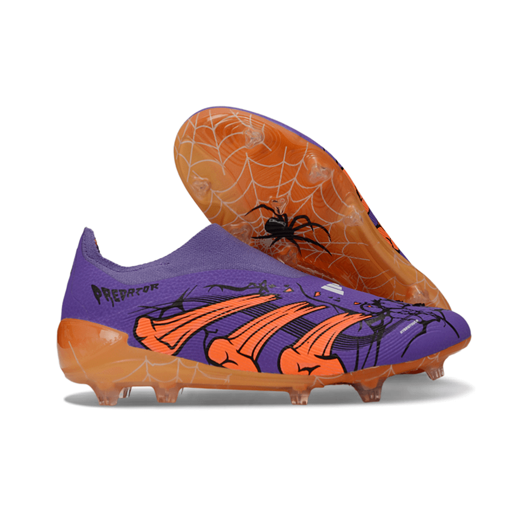 Chuteira Adidas Predator LL 30 Elite FG "Raphinha" em cores roxas e laranjas com design de aranha.