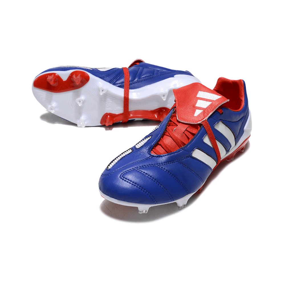 Chuteira Adidas Predator Mania Elite FG Azul com detalhes vermelhos e solado branco.