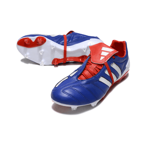 Chuteira Adidas Predator Mania Elite FG Azul com detalhes vermelhos e solado branco.